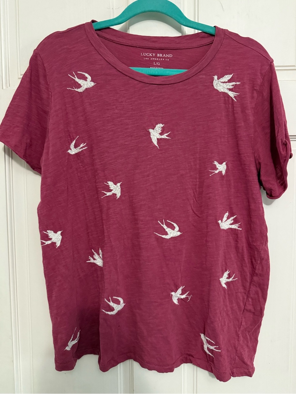 Lucky Brand Raspberry Tee with White Bird Embroidery